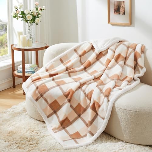 PU MEI Super Soft Faux Rabbit Fur Sherpa Fleece Throw Blanket, Reversible Luxury Cozy Cute Furry Blanket, Plush Warm Shaggy Fluffy Checkered Blankets for Sofa Couch Bed (Beige-Plaid, 60" x 80") - Image 6