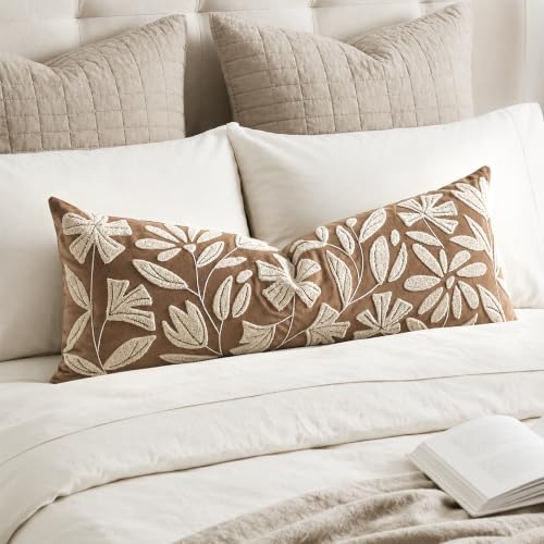 BlissBlush 14x36 Lumbar Pillow Cover for Bed, Brown Rectangular Long Throw Pillowcase, Embroidered Velvet Floral Tufted Farmhouse Accent Cushion (Cover Only) by BlissBlush