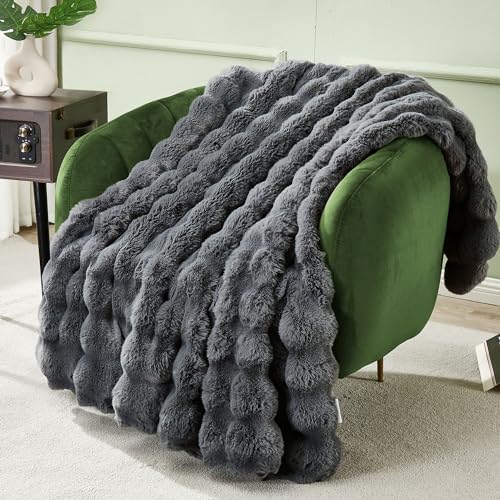DREAMNINE Soft Faux Bubble Rabbit Fur Throw Blanket for Couch, Thick Cozy Decorative Warm Fuzzy Fur Blanket for Sofa Chair Bedroom Living Room Dorm Gift, 50 * 60 Inches, Grey - Image 6