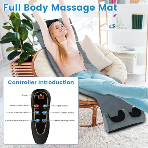 Moclever Full Body Massage Mat with Heat,Electric Massage Pad for Back, Neck,Foot Lumbar Support,3 Heated Levels 10 Vibrating Nodes W/Head Pillow,Cloth Lumbar Pillow,Timer Anti-Slip Bottom Earplugs - Image 2