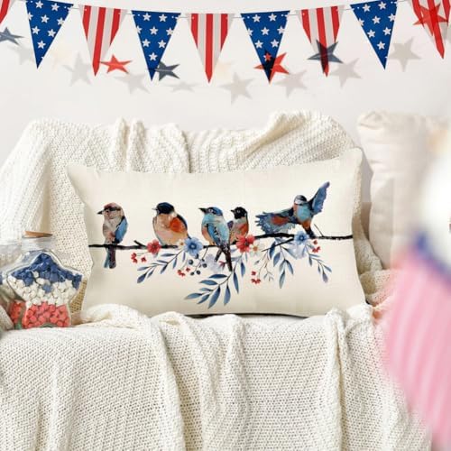 RABUSOFA 4th of July Memorial Day Patriotic Lumbar Throw Pillow Cover,12x20 Inch Red White and Blue Birds Flowers Independence Day American Fourth of July Decoration for Sofa Couch - Image 3