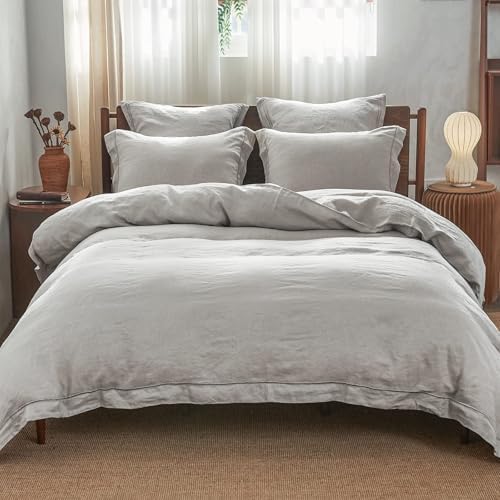 Simple&Opulence 100% Linen Duvet Cover Set with Embroidery Border Washed - 2 Pieces (1 Duvet Cover & 1 Pillow Sham) with Button Closure Soft Breathable Farmhouse - Light Grey, Twin Size by SimpleOpulence
