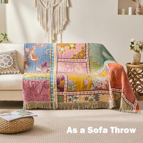 VANJOROY Boho Throw Blanket, 100% Organic Cotton Breathable Skin-Friendly Ultra Soft 50" x 60" Bed Patchwork Throw - Floral Rustic Luxury Reversible Blanket for Sofa Couch Chair and Gift, - Image 2