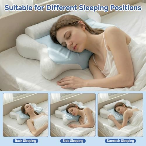 Cervical Neck Pillow for Pain Relief & Sleeping, Ergonomic Posture Pillow Neck Support, Cooling Memory Foam Pillow with Roll Pillow, Orthopedic Contour Pillow for Side Back Stomach Sleepers, Blue - Image 2