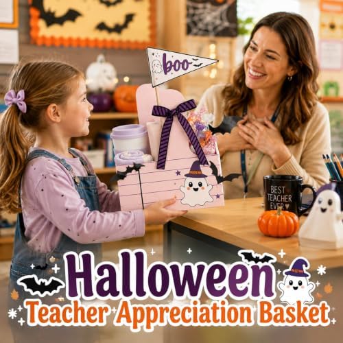 12 Set Halloween Teacher Gifts Drink Carrier Kit, Ghost Teacher Boo Basket Gifts, Disposable Cardboard Cup Holders with Handle, Ribbon and Gift Flags, for Teachers - Image 2