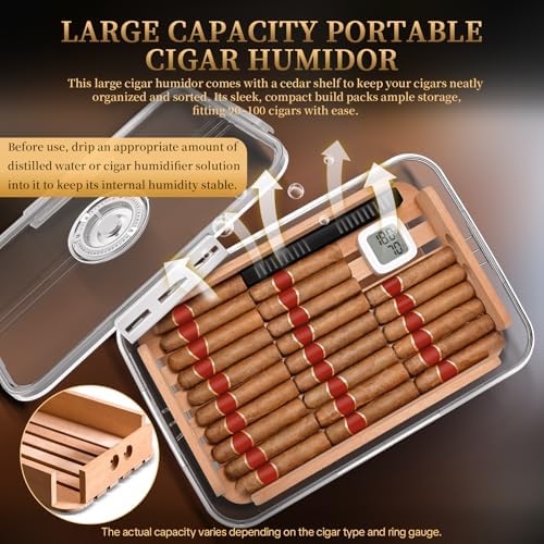 CIGARLOONG Cigar Humidor Large with Cedar Shelves, Cigar Cutter Punch and Hygrometer & Humidifier, Acrylic Cigar Desktop Box Storage for 100 Cigars Partition Clear Airtight Cigar Humidor (Small) - Image 6