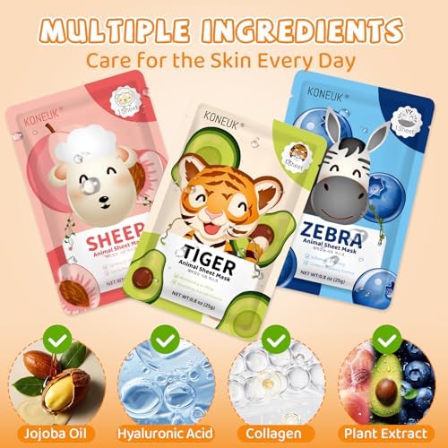 KONEUK 7 Pack Animal Hydrating Face Mask for Kids, Bulk Face Masks Skincare - Image 3