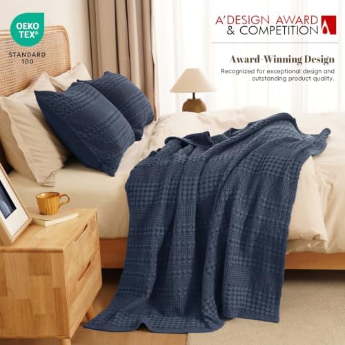 PHF Lightweight 100% Cotton Waffle Throw Blanket for Couch, Indigo - Image 5