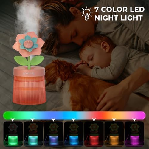 Flower Mini Humidifier, Cute Small Humidifiers, USB Portable Personal Cool Mist Desktop Humidifiers, Cooling for Home Office Car Summer Travel (260ml, Pink Gardenia) - Image 5