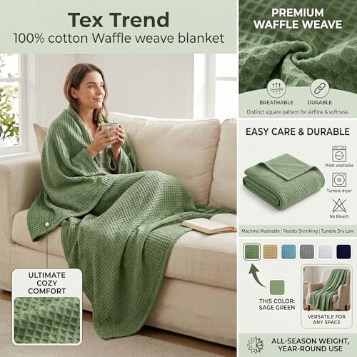 Tex Trend 100% Cotton Waffle Weave Blanket Queen Size - Soft, Breathable Cooling Blanket for Bed, Lightweight Cozy Summer & Spring Bedding, Sage Green, 90x90 - Image 2
