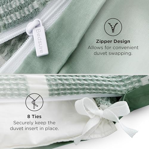 Bedsure PureWoven Boho Striped Cotton Waffle Duvet Cover Set, Queen, Green - Image 6