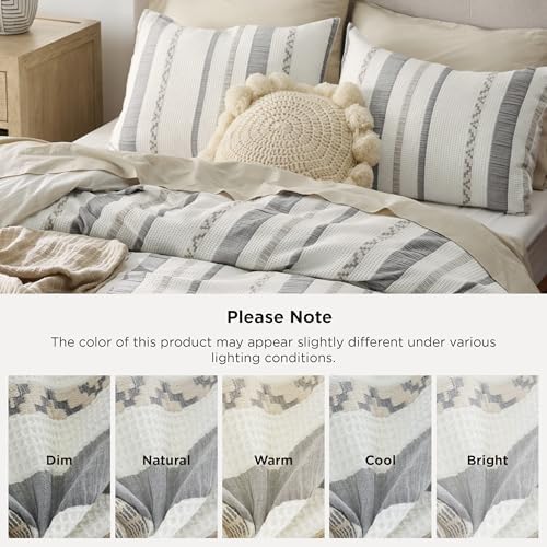 Bedsure PureWoven Boho Striped Cotton Waffle Duvet Cover Set, Queen, White - Image 5