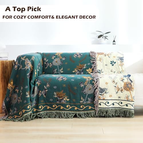 VANJOROY Boho 100% Cotton Large Throw Blanket King - All Season Rustic Ultra Soft Breathable Floral Bird Blanket for Bed Sofa Couch Chair Bedspread Quilt Gift, 91" x 108"-Teal/Beige - Image 3