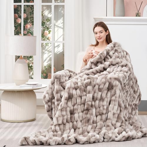 Touchat Ruched Faux Fur Throw Blanket,Fluffy Soft Cozy Tie-dye Coffee - Image 4