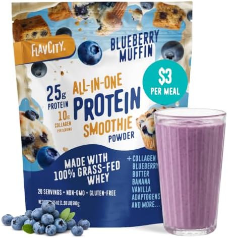 FlavCity All in One Protein Shake Powder, Blueberry Muffin - On the Go Meal Alternative + Collagen Peptides, Reishi & Cordyceps - Focus, Skin, Hair & Joint Support - 100% Grass Fed Whey, 20 Servings by FlavCity
