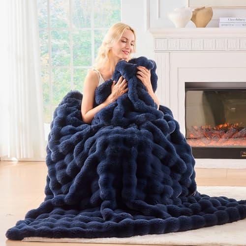 BENVWE Fluffy Faux Fur Throw Blanket for Couch, Soft Plush Thick Cozy Fuzzy Luxury Minky Bubble Blanket for Home Living Room Decor Gift for Women, Navy Blue, 51" x 63", 1100GSM - Image 5