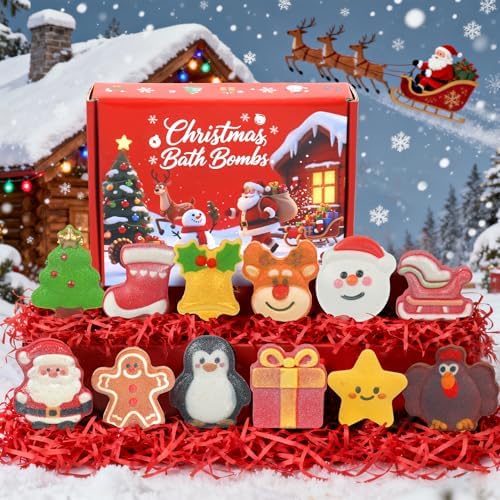 Christmas Bath Bombs for Kids, 12 Festive Shapes, Stocking Stuffer Gift Set by WARMLIFE