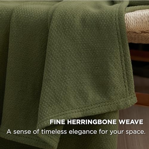 Bedsure 100% Cotton Blanket, Herringbone Weave, King, Olive Green - Image 3