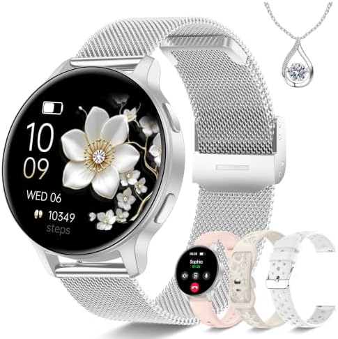 Smart Watch for Women, 1.27" HD Fitness Tracker with 4 Bands & Necklace Gift Set, Heart Rate SpO2 Sleep Monitor, 120+ Sport Modes, Call & Notifications, Smartwatch for Android iPhone, 40mm Silver by Iaret