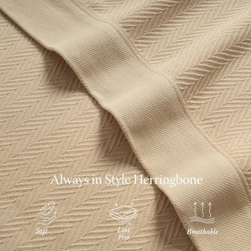 Threadmill Luxury 100% Cotton Twin Herringbone Blanket, Beige - Image 4