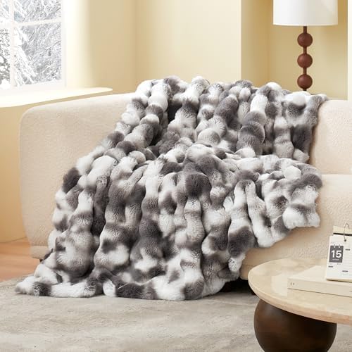 Amélie Home Faux Fur Throw Blanket, Ultra Soft Fuzzy Plush Bubble Blanket for Couch, Bed & Living Room, 60"x80", Tie-dye Grey by Am%C3%A9lieHome