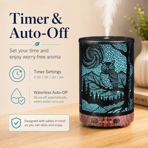 Essential Oil Diffuser, 120 ml Aromatherapy Diffuser with 7 Color Lights, Auto Shut-Off and 4 Timer Settings, Ultrasonic Cool Mist Diffuser for Home Room Office (Woodland Owl) - Image 6