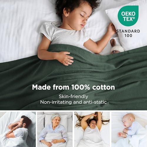 Bedsure 100% Cotton Blanket, Herringbone Weave, Full, Dark Green - Image 2