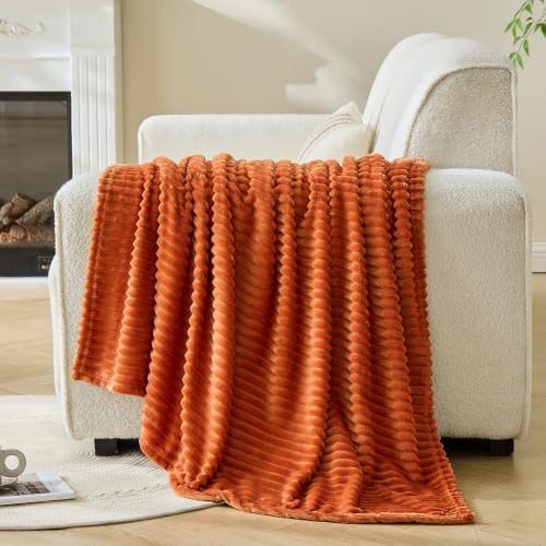 Bnuitland Burnt Orange Fleece Throw Blanket for Couch, 300GSM Soft Warm Cozy Fluffy Throw for Adults & Kids, Stripe Pattern 50"x70", All Season Sofa Bed Blanket for Home Decor - Image 2