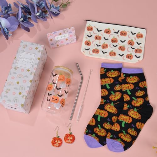 Halloween Gifts for Women,Boo Basket Stuffers for Women,Fall Gift Basket Set, Spooky Basket Stuffers Ideas for Her Cute Halloween Care Package Gift Box Boo Themed Stuff 16oz Pumpkin Glass Cup - Image 2