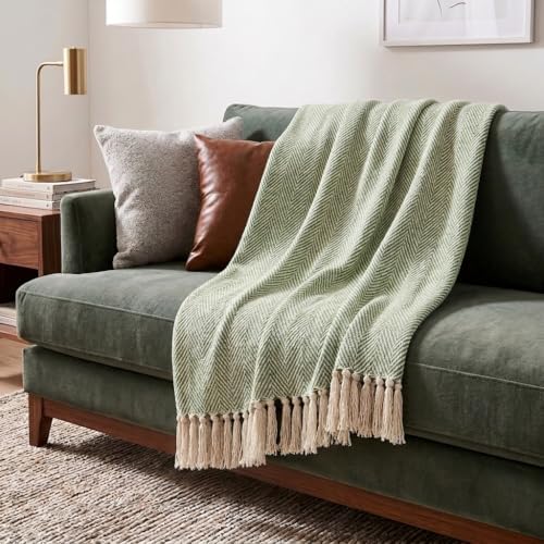 Americanflat 50x60 Throw Blanket - Soft and Breathable Cotton Throw Blanket for Couch, Bed, Chair - Decorative Blankets Perfect for Home, Office, or Outdoor Use - Sage and Beige Herringbone Design by Americanflat