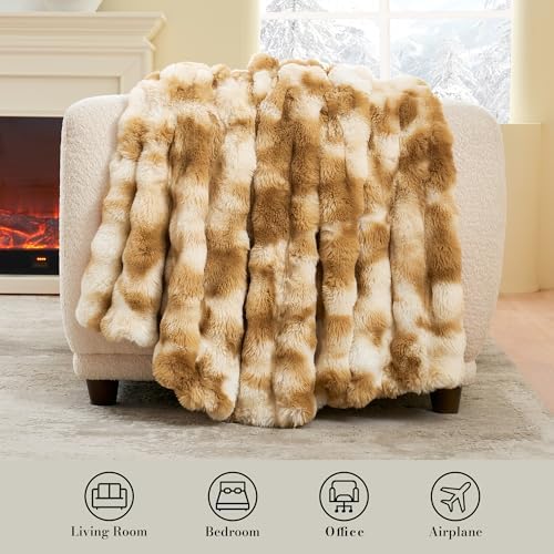 Amélie Home Faux Fur Throw Blanket for Couch, Ultra Soft Fuzzy Plush Bubble Throw for Sofa, Living Room & Home Decor, 50"x60", Tie-dye Khaki - Image 2