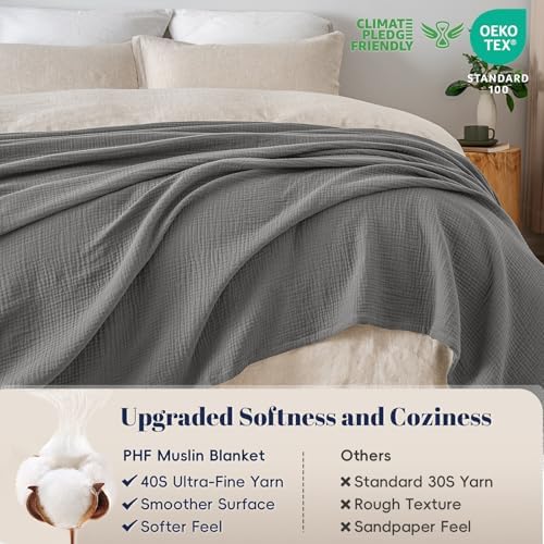 PHF 100% Cotton Muslin Blanket Queen Size 90"x90", 4-Layer Lightweight Gauze Throw, Breathable Cloud-Soft Minimalist Blanket for Bed, Couch, Camping & Baby, Greyish Black, Ideal Gift - Image 4
