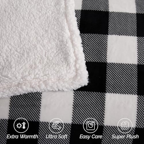 Elegant Comfort Ultra Soft Reversible Buffalo Plaid Flannel Sherpa Blanket - Cozy Silky Checkered Fleece Throw for Couch, Bed - Plush Fuzzy Warm Winter Blanket for Gift, Full, Black - Image 6