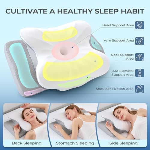 BDEUS Cervical Neck Pillow for Sleeping Ergonomic Pillow Memory Foam Pillows Side Sleeper Pillow for Neck Pain Relief Sleep Apnea Pillow Butterfly Arm Grooves Dual Height, White - Image 4