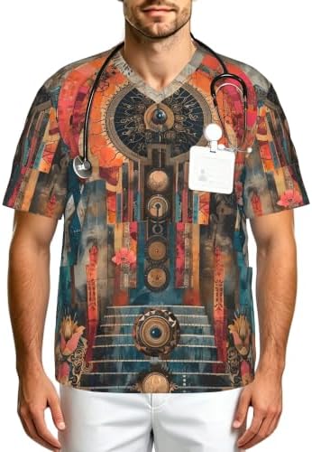 Men's Scrub Top,V-Neck Spill Wrinkle Resistant,3 Pockets-Ornate Collage (3) by Unknown