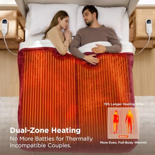 Bedsure Heated Blanket Queen Size, Dual Control Electric Blanket, Burgundy - Image 3