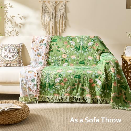 VANJOROY Boho Throw Blanket, 100% Organic Cotton Breathable Skin-Friendly Ultra Soft 50" x 60" Bed Quilt Green Throw - Floral Rustic Decor Luxury Reversible Blanket for Sofa Couch Chair and Gift, - Image 3