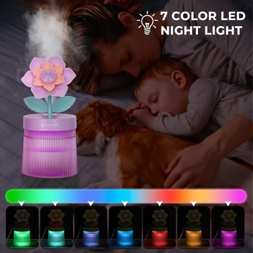 Cute Flower Mini Humidifier, Small Cool Mist Desk Humidifiers, Portable USB Personal Desktop Plant Humidifiers, Cooling for Home Office Car Travel Indoor Outdoor (260ml,Purple Gardenia) - Image 4