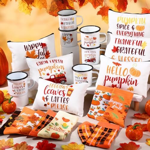 18 Pcs Fall Gifts Set Happy Fall Y'all Pumpkin Enamel Mugs Makeup Bags Autumn Leaves Pumpkin Socks Bulk 2026 Gifts Thanksgiving Harvest Party Gift for Adult Women Coworkers Teacher - Image 6