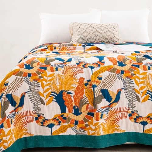 100% Muslin Cotton Throw Blanket for Bed Couch Chair, Boho Floral Bird Colorful Retro Quilt Ultra Soft Reversible Gauze Blanket for All Season, 80"x90" - Image 2