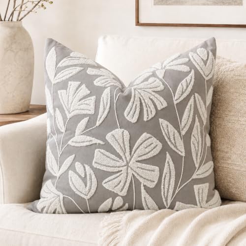 BlissBlush Throw Pillow Cover 20x20 Inch, Light Gray Floral Tufted Velvet Decorative Accent Pillow Case for Sofa Bed Living Room, Cover Only by BlissBlush