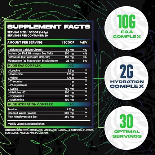 Huge EAA + Hydration, Essential Amino Acids Powder, EAAs & BCAAs, Intra & Post Workout Recovery Powder, Muscle Growth, Recovery & Performance, 10g EAAs & Electrolytes, Kiwi Blueberry, 30 Servings - Image 4