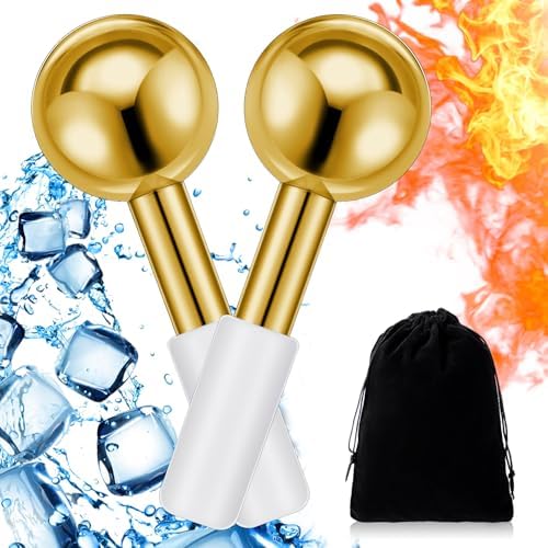 Baderke 2 Pcs Ice Globes for Face Stainless Steel Cooling Globes Unbreakable Cooling Roller Women Ice Balls Cryo Sticks Facials Skin Care for Dark Circles, Puffiness(Gold (White Handle)) by Baderke