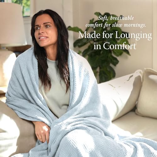 Threadmill Luxury 100% Cotton Queen Herringbone Blanket, Light Blue - Image 3