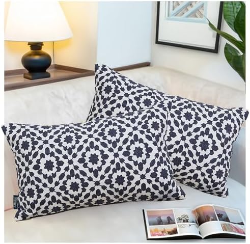 Decorative Throw Pillow Cover 1 pc 12x20 inch Cotton Canvas Muted Slate Blue Trellis Embroidery Dark Blue Mina Lumbar Pillow Case Cushion Cover, Navy Blue Dark Lumbar Pillow Sham 30x50cm - Image 2