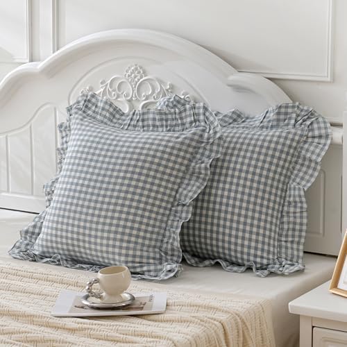 2 Pack Blue White Plaid Euro Pillow Shams Ruffle Pillowcases, 26x26 Inches - Image 4