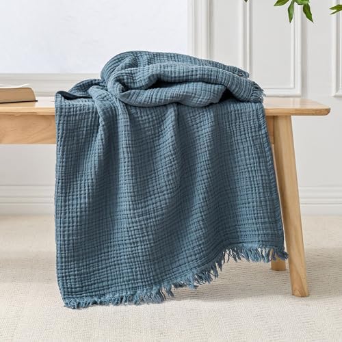 Esterra Muslin Throw Blanket 50x65 Inches Cozy Soft Lightweight Pre-Washed Cotton Blanket, All Season Breathable 4-Layer Gauze Blanket Throw for Sofa Couch Bed, Blue Mirage by Esterra