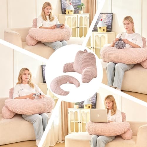 17" Reading Pillow for Bed,U Shaped Arm & Elbow Support,Pink Corduroy - Image 5