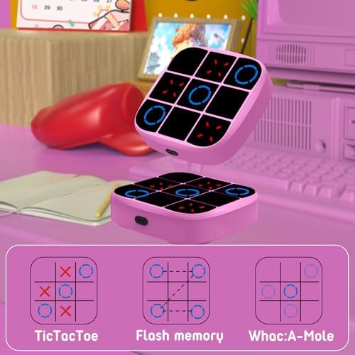 Tic-Tac-Toe Bolt Game, 4-in-1 Handheld Puzzle Games Console, Electronic Tic-Tac-Toe Game for Educational and Memory Growth, Portable Travel Games for Car Ride, Board Games for Kids and Adults (Pink) - Image 3