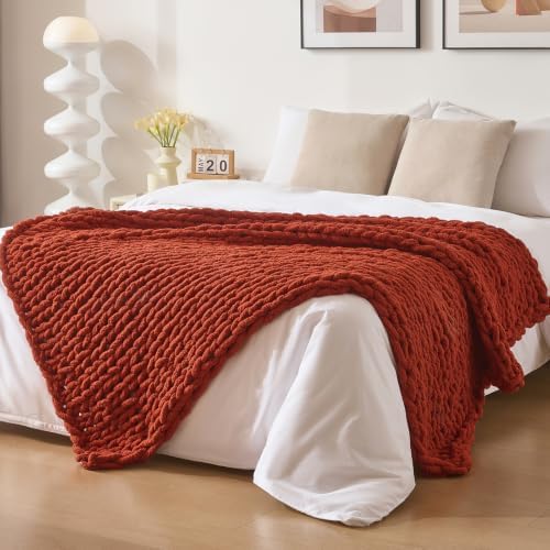 Bigacogo Chunky Knit Throw Blanket for Couch, 51x63 inches, Rust Red by Bigacogo